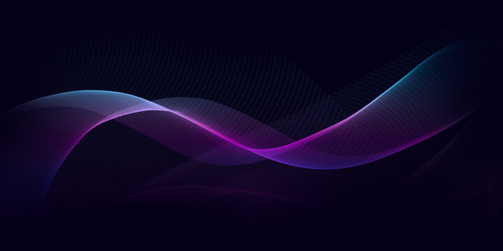 Dark abstract background with a glowing wave. Shiny moving lines design element. Modern purple, blue gradient flowing wave lines. Futuristic technology concept.