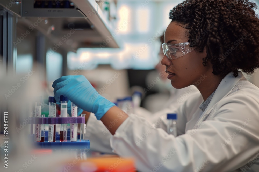 Poster a focused scientist analyzing substances in test tubes in a modern laboratory setting, surrounded by