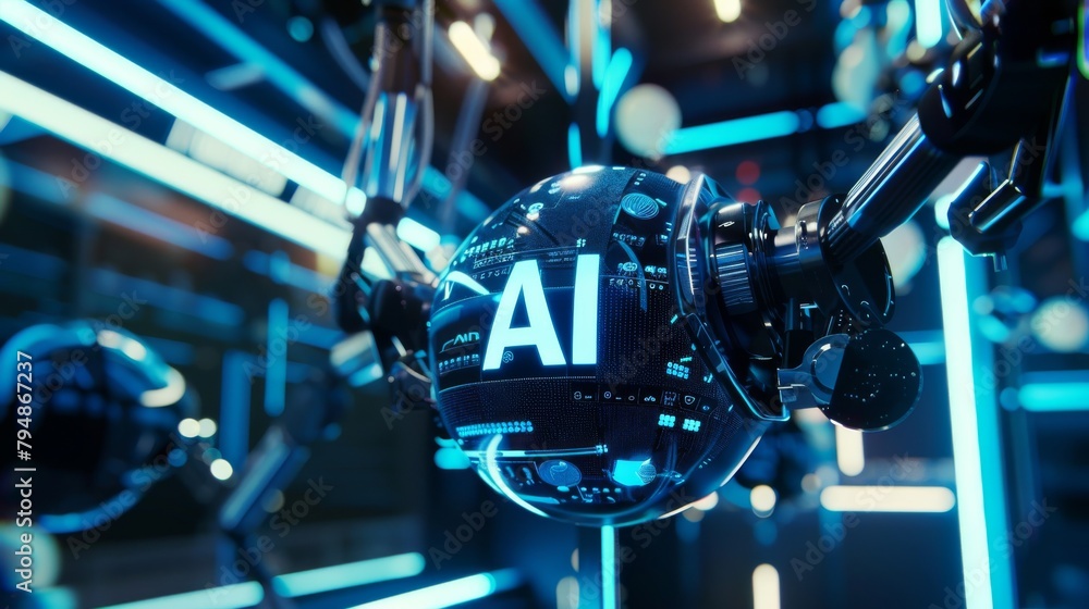 Poster the image portrays an advanced ai technology concept with glowing circuits and a spherical design