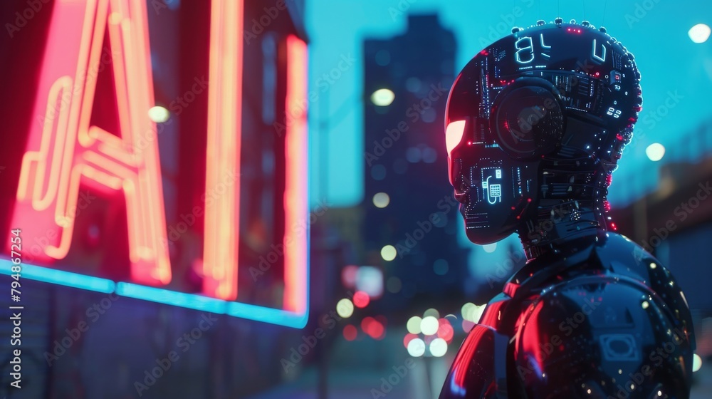 Poster close-up of an android's head with a neon sign reflecting on its surface, symbolizing the fusion of 