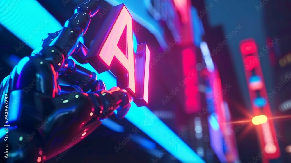 Poster the hand of an artificial intelligence robot reaching out to touch a glowing neon ai sign, depicting