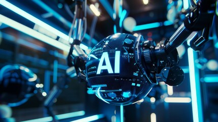 The image portrays an advanced AI technology concept with glowing circuits and a spherical design