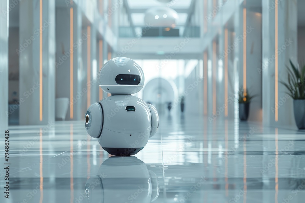 Poster a futuristic autonomous robot with a friendly design stands in the brightly lit corridor of a contem