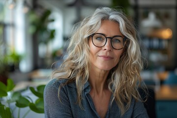Obraz premium A sophisticated portrait of an elegant blonde woman with glasses in a modern, urban cafe environment