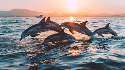   A group of dolphins swims in a tranquil body of water as the sun sets, casting an orange glow over the scene A boat floats peacefully nearby