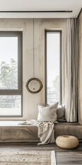 Home interiors composition with natural window light, minimalist decor and earthy tones. Interior design composition.