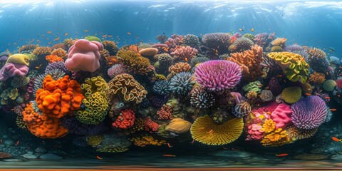 An immersive 360-degree equirectangular panorama of a bustling coral garden, with colorful corals and sponges covering every surface - obrazy, fototapety, plakaty