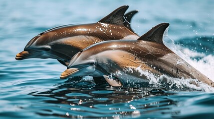   Two dolphins leap above water's surface, heads visible