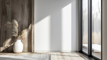 Home interiors composition with natural window light, minimalist decor and earthy tones. Interior design composition.