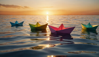 Paper boats floating on water during sunset