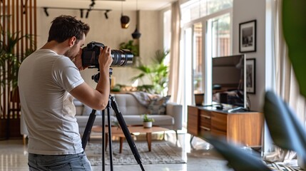 Experienced male photographer capturing indoor images of homes for real estate listings and interior design.