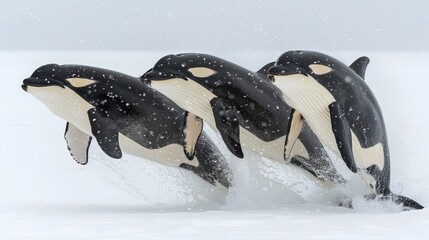   Three orcas leap from the snow-covered water, surrounded by falling snowflakes - obrazy, fototapety, plakaty