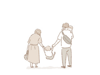 小さい子供をだっこする男性、子供と手を繋いだ女性、親子の後ろ姿（父親と母親、子供二人）
