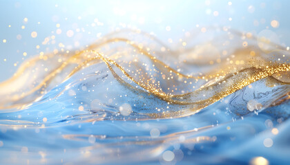 Close-up of sparkling gold particles suspended above undulating blue water waves, creating a mesmerizing effect.