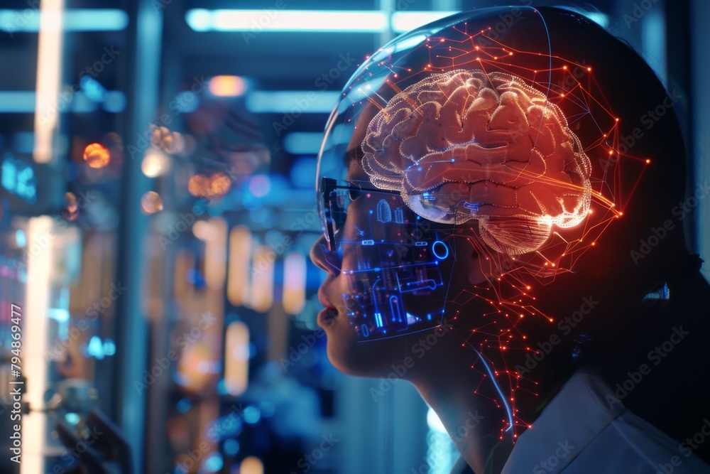 Poster in a neon-lit lab, a technician wears a helmet visualizing brain activity with glowing lines and nod