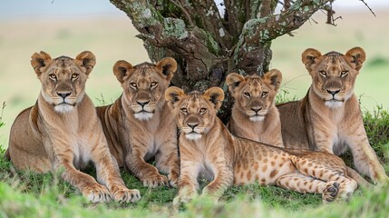   A group of lions rests near a tree, situated on a green field dotted with grass, featuring a tree as the backdrop - obrazy, fototapety, plakaty