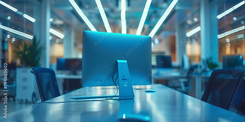 Poster an office space basks in the calm ambiance of neon lights with a contemporary desktop computer in fo