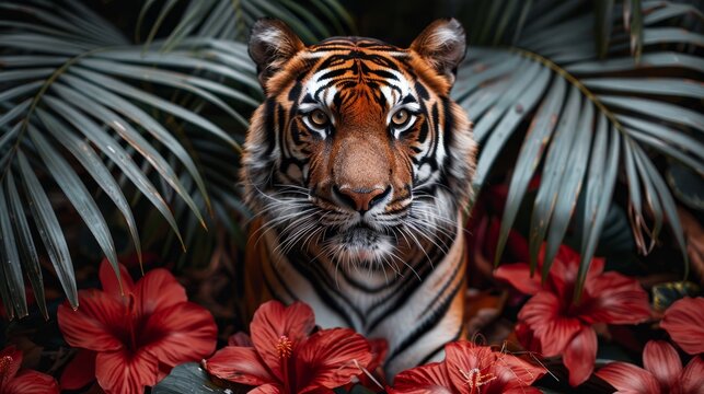   A tight shot of a tiger adjacent to red blooms and palm leaves, with a palm frond in the foreground