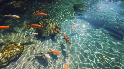 Obraz na płótnie Canvas A scenic photo of colorful Asian koi fish swimming in a decorative pond.