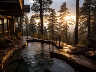 A Serene Morning at a Mountain Forest Resort's Pool