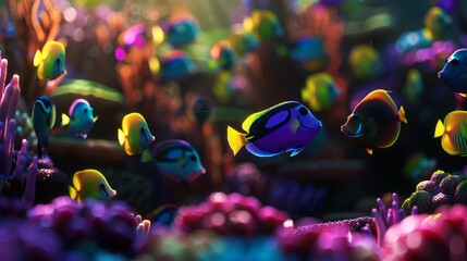   A tight shot of a school of fish amidst purple and green anemones and corals in the sea - obrazy, fototapety, plakaty