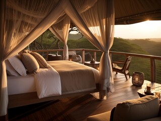 A Serene Sunset at a Luxurious Safari Lodge Bedroom