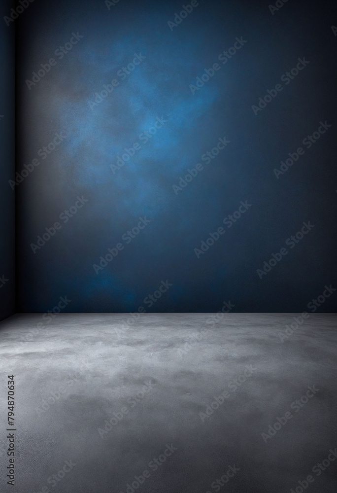 Poster empty dark blue studio background and grey floor concrete perspective with blue soft light well edit