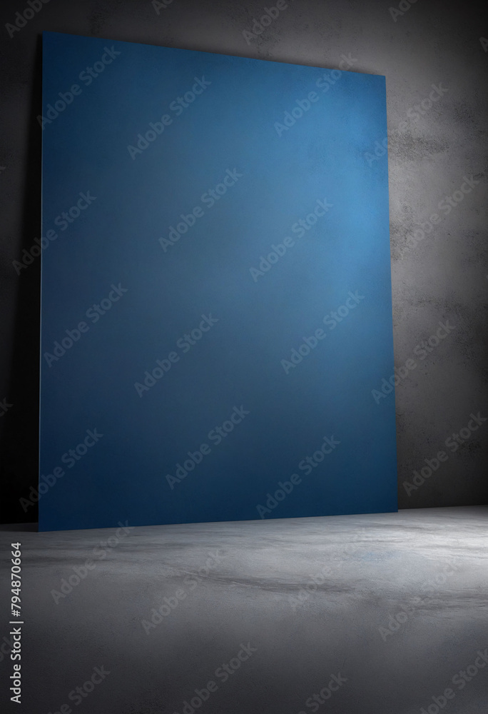 Poster empty dark blue studio background and grey floor concrete perspective with blue soft light well edit