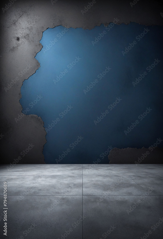 Poster empty dark blue studio background and grey floor concrete perspective with blue soft light well edit