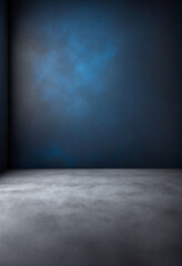 Empty dark blue studio background and grey floor concrete perspective with blue soft light well editing floor display product and text present on wall room empty free