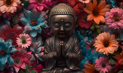 Bronze statue of a small Buddha in flowers. 3D illustration for holiday card Buddha Day Purnima and Vesak, Buddha statue meditation