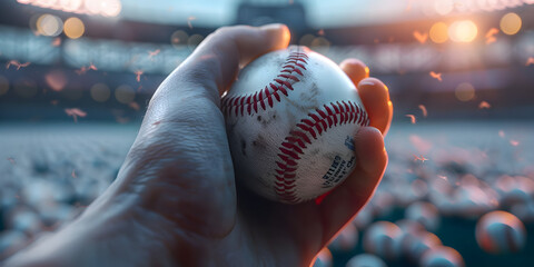  Hand Hold Baseball ball on a background Close up of a hand gripping a baseball inside a stadium background  

 - obrazy, fototapety, plakaty