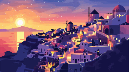 Night lights at sunset in Santorini island Greece - obrazy, fototapety, plakaty
