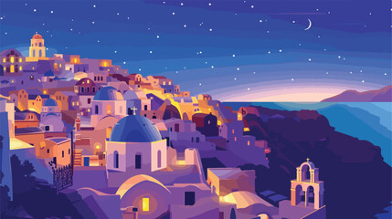 Night lights in Santorini island Greece. Hand drawn - obrazy, fototapety, plakaty