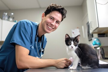 Compassionate Care: Smiling Doctor Bonds with Adorable Cat in Modern Animal Clinic