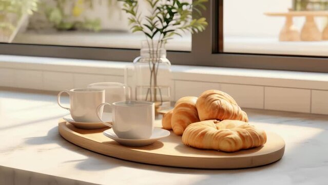 A tray of croissants and coffee sits on a counter