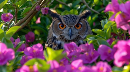   Owl in bush amidst purple flowers, tree behind