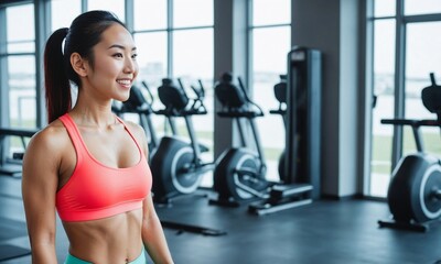 Fototapeta premium East Asian Woman in Gym Attire. Happy Asian Woman Working Out. Smiling Woman at a Fitness Club