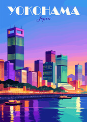 Yokohama, Japan Travel Destination Poster in retro style. Night cityscape digital print. Exotic summer vacation, holidays concept. Vintage vector colorful illustration. - obrazy, fototapety, plakaty