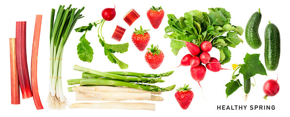 Spring healthy vegetable fruits collection isolated. PNG with transparent background. Flat lay....