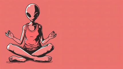  An alien in a yoga pose, hands tucked in pockets against a pink backdrop