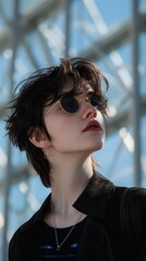   A tight shot of an individual dressed in a black top and sunglasses, framed by a building in the background