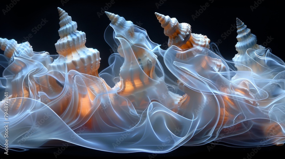 Poster x-ray scan of a pile of seashells, revealing the shapes and patterns of each shell.