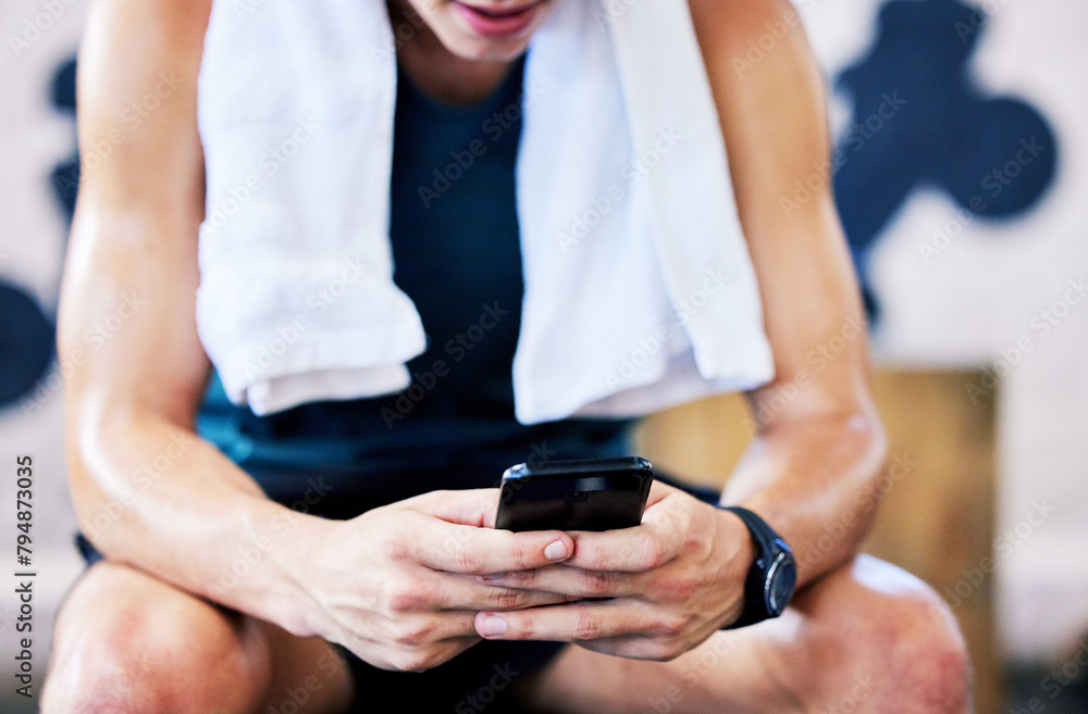 Canvas Prints Gym, hands and man on cellphone for break, rest and fitness in wellness area. Breathe, workout and sports athlete for exercise and training, health and typing or scroll on social media or internet