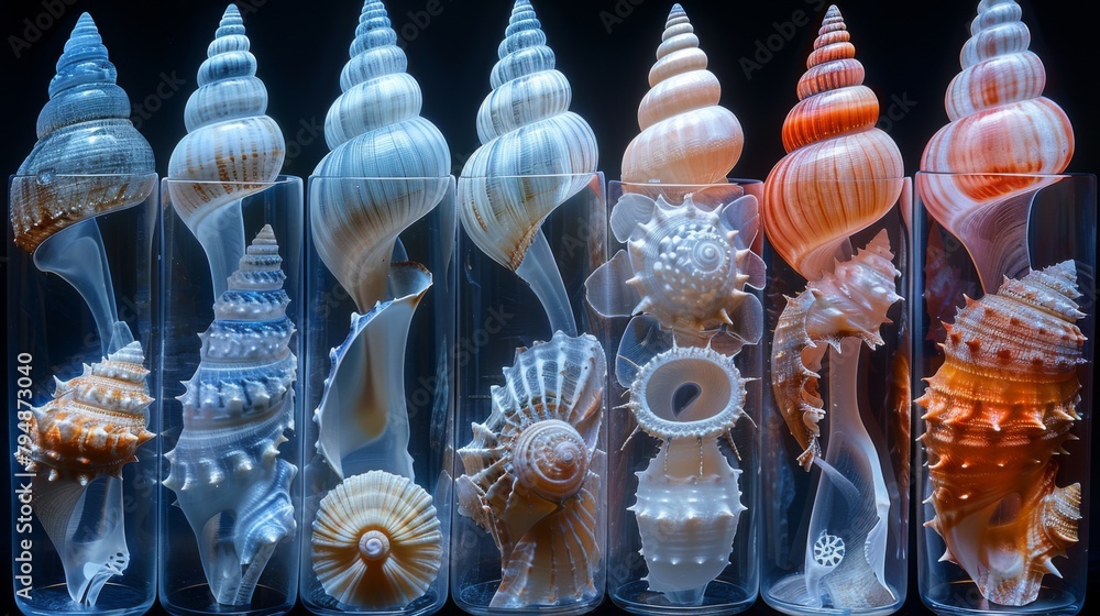 Poster x-ray scan of a collection of seashells, showcasing the variety of shapes and colors.