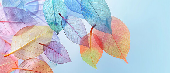 Fototapeta na wymiar Colorful transparent leaves on a blue pastel background banner with empty copy space 