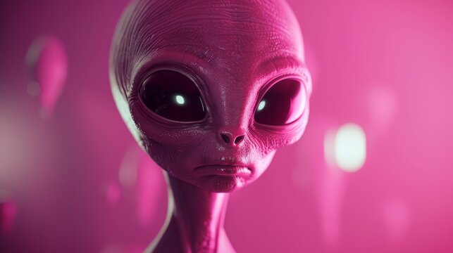   A tight shot of a rosy-hued alien, sporting large, expressive eyes and an unnerving expression, against a backdrop of pink