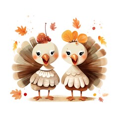 Obraz premium Two cute cartoon turkey birds with autumn leaves on white background. Vector illustration.