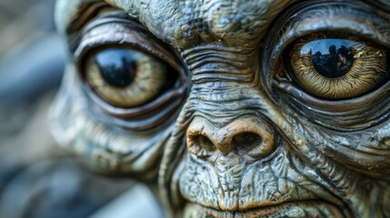   A tight shot of an alien's face reveals large, round, brown eyes and textured, wrinkled skin