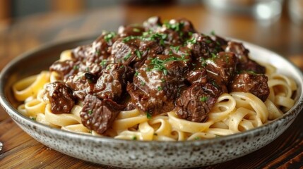 Capture the savory aroma and tender texture of a plate of beef stroganoff, featuring tender strips of beef, creamy sauce